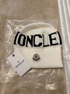 Moncler White Logo Beanie